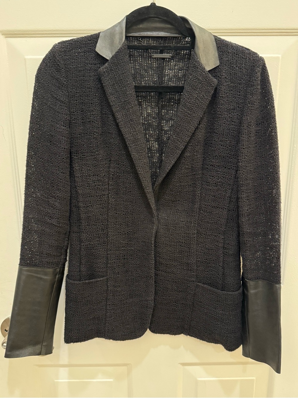 Elie Tahari Black Open Knit Blazer with Leather Trim, Single Snap Closure
